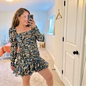 ML Monique Lhuillier Blue Metallic Floral Ruched Long Sleeve Mini Dress XS/S